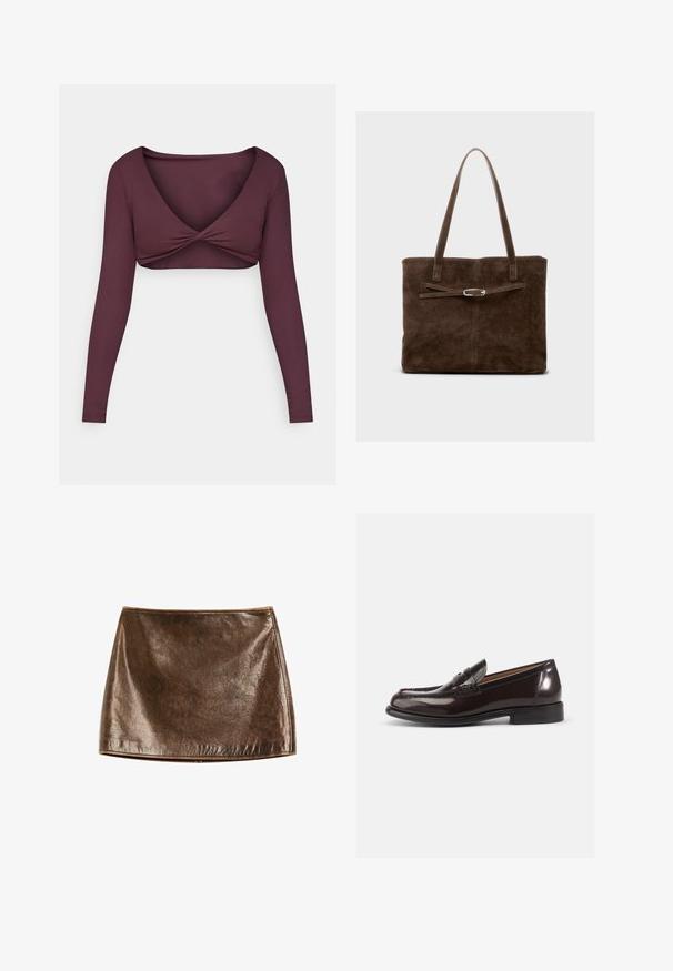 Olivengrøn suede-jakke med krave, frontlynlås og to brystlommer. Glat tekstur med subtile syninger.; Langærmet, dyb burgunder crop top lavet af glat stof, med et snoet frontdesign og en bred V-udskæring.; Brun metallisk miniskirt med en glat, skinnende overflade. Har et enkelt design og rene linjer, med en lige kant i bunden.; Bordeaux læderloafers med en blank overflade, der har en syet tå og et lille dekorativt bånd foran. Lav, stablet hæl.; Brun ruskinds tote bag med lange håndtag, der har et fladt design og en dekorativ rem med accent i sølvfarvet metal.