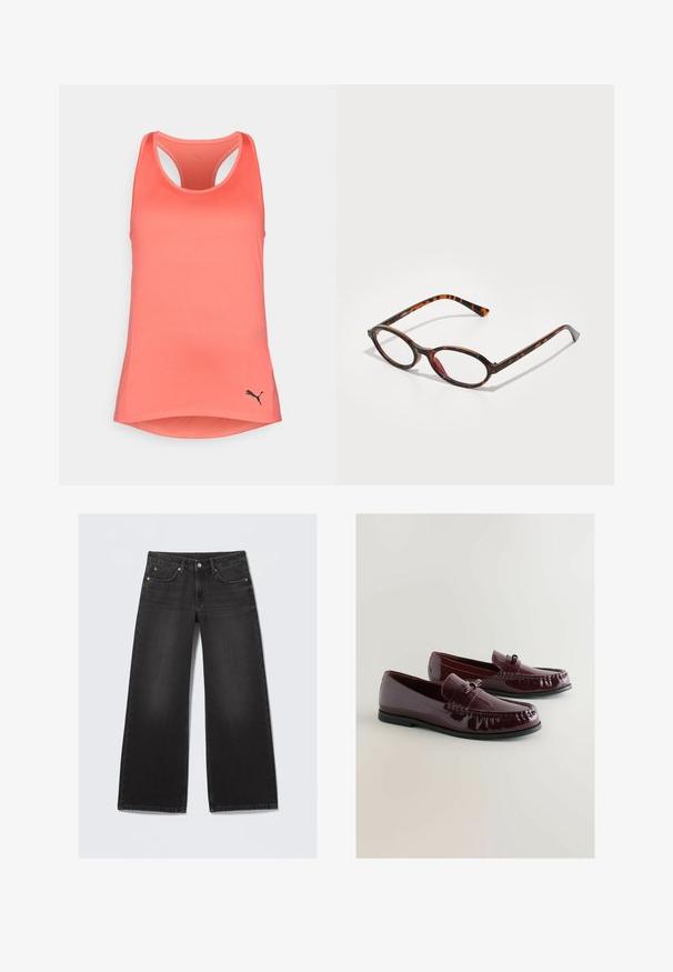 Giacca in suede verde oliva con colletto, zip frontale e due tasche sul petto. Texture liscia con dettagli di cucitura sottili.; Canotta atletica corallo, realizzata in tessuto morbido, presenta un design a dorso racer, un orlo curvo e un logo Puma nero in basso a destra.; Jeans in denim nero a gamba larga con cinque tasche e chiusura con bottone, posati su uno sfondo chiaro.; Mocassini in pelle patinata borgogna con punta arrotondata, fascetta decorativa e dettagli di cucitura sottile. Suola in gomma nera.; Occhiali da sole tartarugati con lenti ovale, caratterizzati da una montatura scura con motivi marroni chiari e scuri, e aste sottili e curate.; Borsa a spalla sintetica rosa con forma curva, texture liscia, tracolla a catena removibile e un dettaglio con logo circolare sul davanti.
