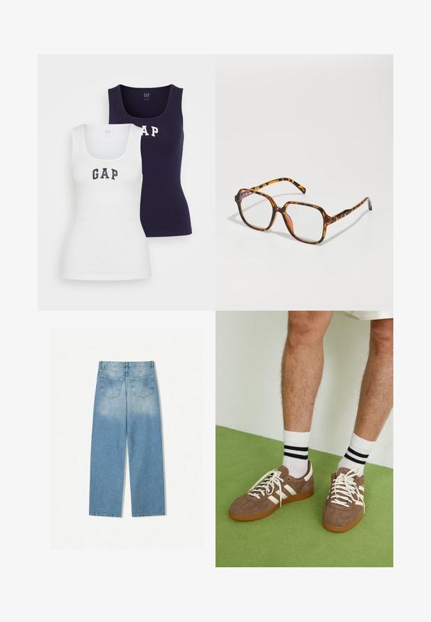 Olivgrön mockajacka med krage, dragkedja fram och två bröstfickor. Slät textur med subtila sömdetaljer.; Två linnen i vitt och marinblått med ribbad textur, rundad halsringning och ordet "GAP" tryckt i kontrasterande färger på framsidan.; Ljusblå denimjeans med rak bendesign, som har två bakfickor och en urvaskad yta vid de övre delarna.; Bruna mockaskor med vita detaljer och snören. Gummisula i beige. Bärs med vita strumpor med svarta ränder. Grön strukturerad golvyta.; Sköldpaddsmönstrade glasögon med fyrkantig båge, utrustade med klara linser och ett texturerat mönster. Bågarna har en tunn och strömlinjeformad design.; Vävd läderhandväska i marinblått med rundad form, enkel handtag och dragkedjestängning. Strukturerad yta med intrikat korgvävsmönster.