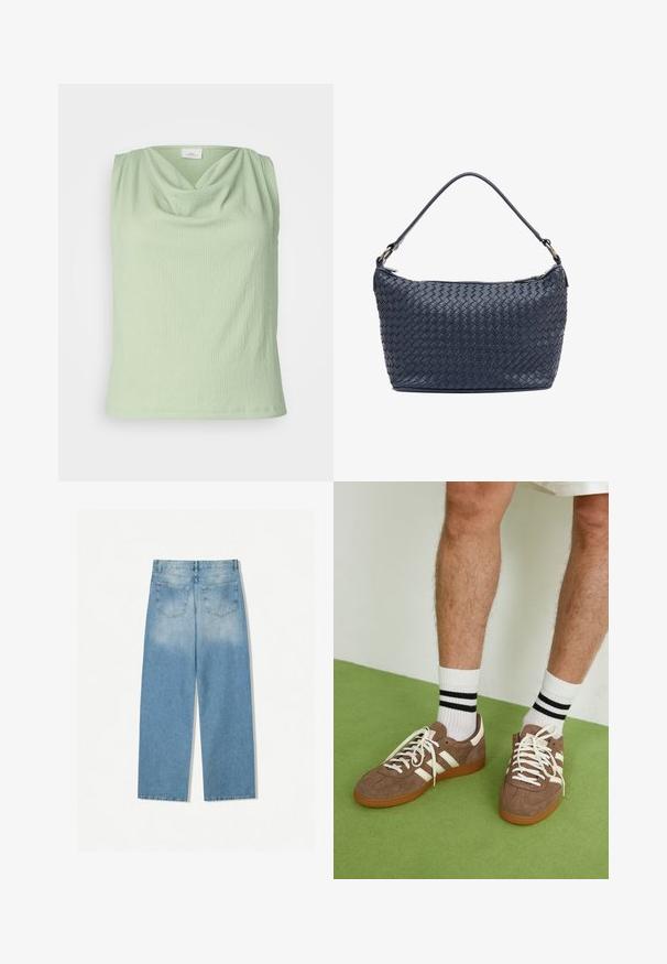 Olivově zelená semišová bunda s límcem, předním zipem a dvěma náprsními kapsami. Hladká textilie s jemnými švy.; Svetle zelená bezrukávová blůza s cowl výstřihem, vyrobena z texturované látky. Má přiléhavý střih a hladký lem.; Světle modrá a bílá flanelová košile s černou kostičkovanou vzorem, která má dvě kapsy na prsou a zlaté knoflíky, je navržena s uvolněným střihem.; Svetle modre džíny s rovnými nohavicemi, které mají dvě zadní kapsy a vybledlou strukturu v horních částech.; Hnědé semišové tenisky s bílými akcenty a tkaničkami. Gumová podrážka. Nošeny s bílými ponožkami s černými pruhy. Zelená strukturovaná podlaha.; Námorní modrá propletená kožená kabelka zaobleného tvaru, s jedním uchopem a zipovým uzávěrem. Texturovaný povrch s jemným vzorem z košíkového pletení.