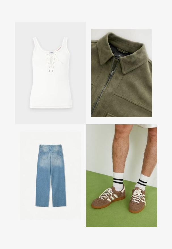 Olivově zelená semišová bunda s límcem, předním zipem a dvěma náprsními kapsami. Hladká textilie s jemnými švy.; Bílý žebrovaný top bez rukávů s šněrováním v přední části a kovovými očky, zakončený kulatým výstřihem a kontrastními švy.; Svetle modre džíny s rovnými nohavicemi, které mají dvě zadní kapsy a vybledlou strukturu v horních částech.; Hnědé semišové tenisky s bílými akcenty a tkaničkami. Gumová podrážka. Nošeny s bílými ponožkami s černými pruhy. Zelená strukturovaná podlaha.