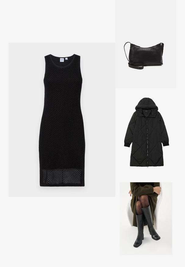Melnas quiltētas pūkara mētelis ar kapuci, ar rāvējslēdzēja aizdari, sānu kabatām un elastīgām aprocēm. Gluda, ūdensizturīga auduma.; Melna bez piedurknēm kleita ar teksturētu, dimantu rakstā adītu audumu. Pieguļošs siluets, līdz ceļgaliem garš un apaļš kakla izgriezums.; Ceļgalu augstuma melni ādas zābaki ar kvadrātu purngalu un bloku papēdi, attēloti modelī, kurš sēž olīvu zaļā mētelī. Gluda tekstūra, minimāla apdare.; Melna ādas plecu soma ar gludu tekstūru, izliekta forma, regulējama siksna un rāvējslēdzēja aizdare. Minimālistisks dizains bez rotājumiem.