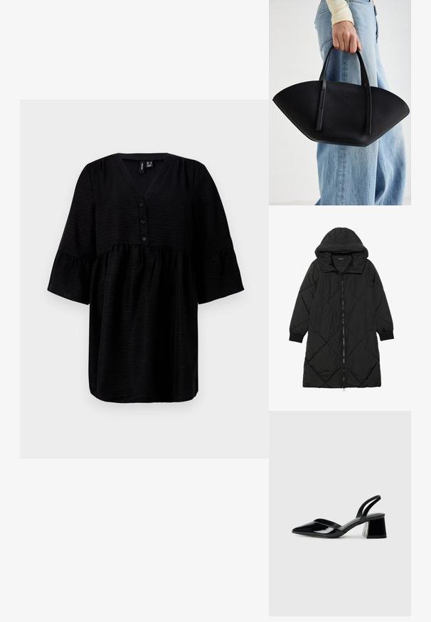 Svart quiltet puffjakke med hette, med glidelås, sidelommer og elastiske mansjetter. Glatt, vannavvisende stoff.; Svart topp med V-hals, knappefront og korte volangermedeer. Laget av teksturert stoff med en løs og flytende passform.; Svarte patentlær slingback hæler med spiss tå og geometrisk blokk hæl. Har et stilrent, minimalistisk design og jevn tekstur.; Svart skinnveske med en unik vifteform, med flate håndtak. Overflaten har en pebblelignende tekstur og et minimalistisk design.