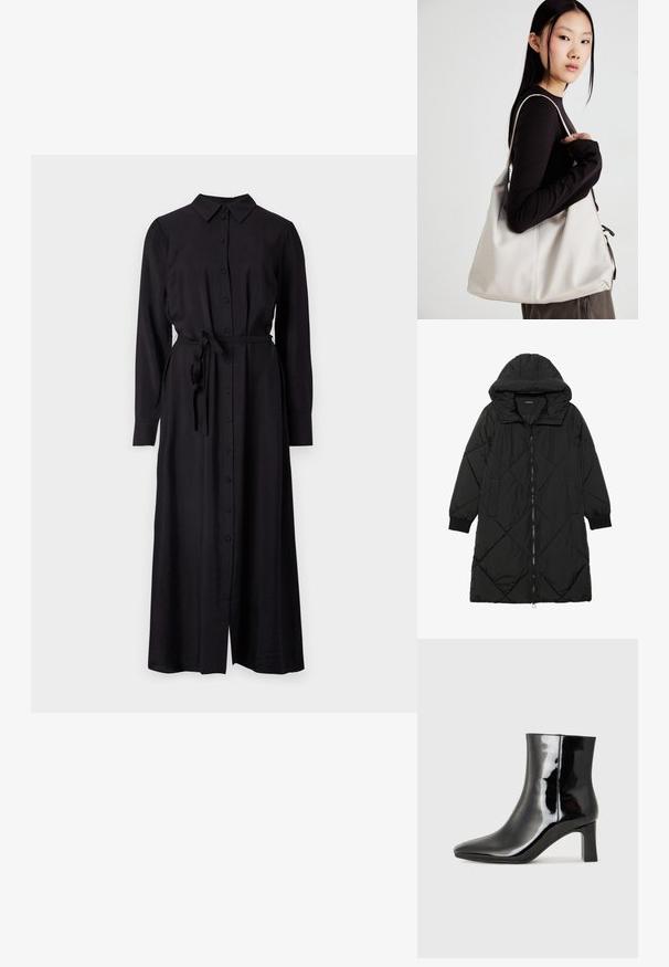 Casaco puffer acolchoado preto com capuz, apresentando um fecho de correr, bolsos laterais e punhos elásticos. Tecido suave e à prova d'água.; Vestido preto de manga longa, com botões e colarinho, cinto de laço na cintura e silhueta reta. Feito de um tecido liso e texturizado.; Botim de tornozelo em pele sintética preta com bico apontado e salto bloco de altura média. Textura suave e design minimalista.; Uma bolsa bege feita de material macio, com um design descontraído, detalhes de costura e duas alças para o ombro. Adequada para uso diário.