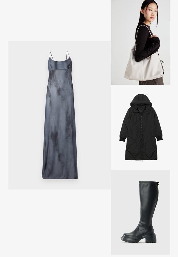 Schwarze, gesteppten Puffermantel mit Kapuze, ausgestattet mit einem Reißverschluss, seitlichen Taschen und elastischen Bündchen. Glattes, wasserabweisendes Material.; Langes, satiniertes Nachthemd in einem gedämpften Grauton mit dünnen Trägern, das über geschwungene Nahtdetails und eine glatte, leicht reflektierende Textur verfügt.; Hoher schwarzer Lederstiefel mit einer robusten Plateausohle und Blockabsatz, der über eine Zuglasche und ein strukturiertes Profil an der Außensohle verfügt.; Beige Handtasche aus weichem Material, mit einem lässigen Design, gesteppten Details und zwei Schulterriemen. Geeignet für den täglichen Gebrauch.