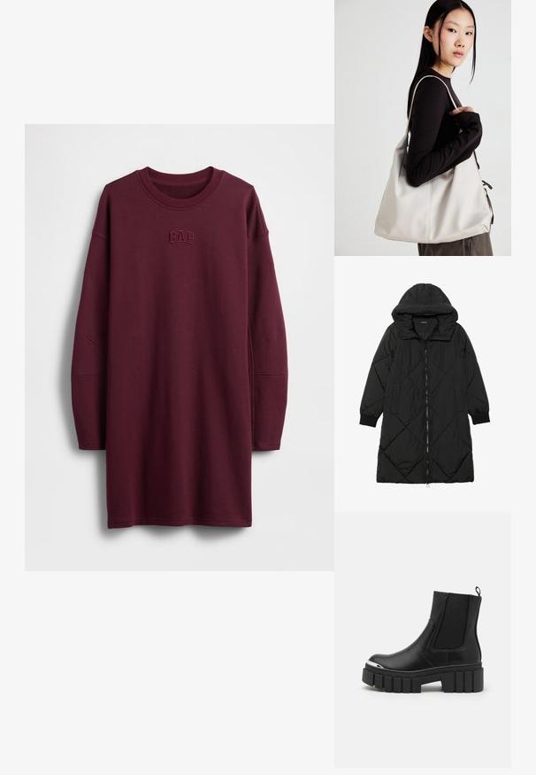 Fekete steppelt pufi kabát kapucnival, cipzáras záródással, oldalsó zsebekkel és elasztikus mandzsettákkal. Simább, vízlepergető anyag.; Bordó pulóverruha hosszú ujjakkal, kerek nyakkivágással és hímzett "GAP" logóval a mellkason. Puha anyag, laza szabás.; Fekete boka csizmák sima bőrből, elasztikus panelek, vastag platform talp és fém orrrész jellemzi őket.; Puha anyagból készült bézs kézitáska, laza dizájnnal, varrott részletekkel és két vállpánttal. Mindennapi használatra alkalmas.
