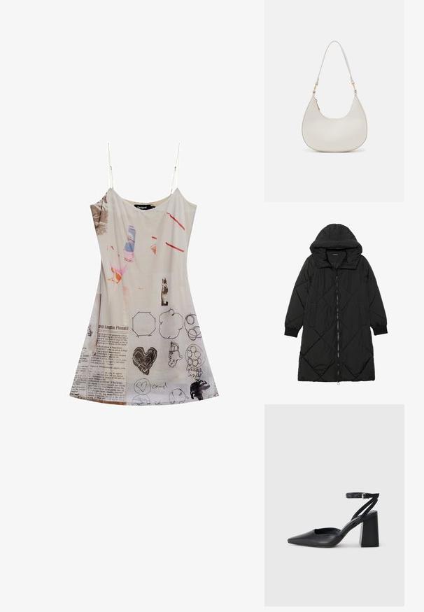 Crna tkanina sa štepom puffer kaput s kapuljačom, sa zatvaračem na zip, bočnim džepovima i elastičnim manžetama. Glatka, vodootporna tkanina.; Haljina sa tankim naramenicama od prozirnog bijelog materijala s mješovitim grafičkim printovima, skicama i tekstom. Labav kroj, dužine do koljena s lepršavim oblikom.; Crne kožne cipele s špicastim vrhom, remenom oko gležnja i debelim potplatom. Ravna tekstura, elegantan dizajn i minimalistička estetika.; Krem torba za rame u obliku polumjeseca, sa tankim remenom i suptilnim detaljem šavova. Minimalistički dizajn s akcentima od zlatnog tona.