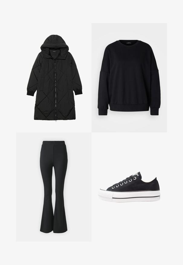 Černá prošívaná péřová bunda s kapucí, vybavená zipovým zapínáním, bočními kapsami a elastickými manžetami. Hladká, voděodolná tkanina.; Černá mikina s kulatým výstřihem, uvolněný střih, spadlá ramena, žebrované manžety a texturovaná tkanina. Minimální design bez vzorů.; Černé rozšířené kalhoty vyrobené z elastického materiálu. Mají vysoký pas a hladký, přiléhavý design, který se rozšiřuje od kolene dolů.; Černé plátěné tenisky s bílou gumovou podrážkou, kulatou špičkou, nízkým střihem, kovovými očky a texturovaným krytem špičky. Tenký černý pruh podél podrážky.
