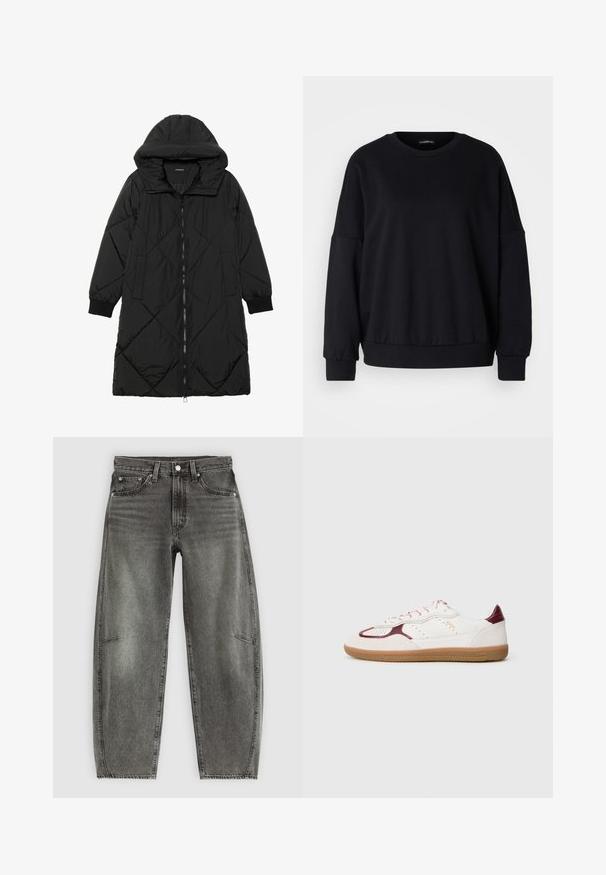 Must-havesinise mustris quiltitudis puffer jakk, millel on kapuuts, tõmblukk, küljetaskud ja elastsed varrukad. Sile, veekindel kangas.; Must mustega krae-särgi lõige, mugav istuvus, langetatud õlad, soonikkoes mansetid ja tekstuuriga kangas. Minimalistlik disain, ilma mustriteta.; Kõrge vöökohaga hallid pestud denim püksid viie taskuga, nupukinnitusega ja mugava sirge lõikega.; Valge ja burgundia nahast madal toss, millel on kummist põhi, perforatsioonid ja roosa-valged sussid, näidatud külgvaates eraldi taustal.