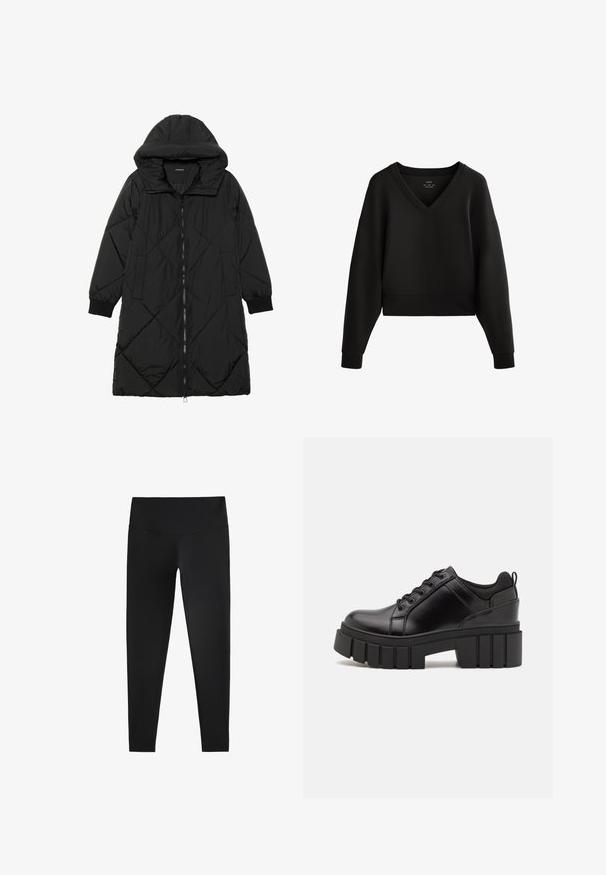 Musta tikattu puhvittakki hupulla, jossa on vetoketjukiinnitys, sivutaskut ja elastiset hihansuut. Sujuva, vettä hylkivä kangas.; Musta lyhytcropattu huppari, jossa on V-pääntie, pitkät hihat ja ribbireunat. Valmistettu pehmeästä ja sileästä kankaasta, minimalistisella muotoilulla.; Mustat leggingsit joustavasta kankaasta, joissa on korkea vyötärö ja sileä pinta, suunniteltu mukavuutta ja joustavuutta varten.; Mustat nahkakengät, joissa on lättihenkinen korko, pyöreä kärki ja perinteinen nauhakiinnitys. Ominaisuuksiin kuuluu sileä pintakuvio ja minimaalinen yksityiskohtaisuus.