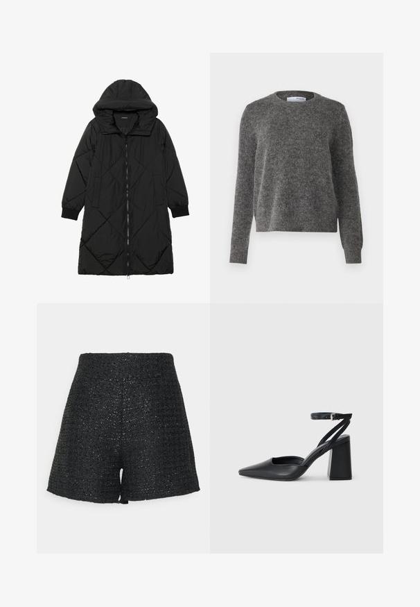 Schwarze, gesteppten Puffermantel mit Kapuze, ausgestattet mit einem Reißverschluss, seitlichen Taschen und elastischen Bündchen. Glattes, wasserabweisendes Material.; Grauer Pullover aus weichem, strukturiertem Material mit Rundhalsausschnitt und langen Ärmeln. Verfügt über gerippte Bündchen und Saum und ist in einem entspannten Schnitt gehalten.; Schwarze gewobene Shorts mit einer strukturierten Oberfläche und einem subtilen Glanz. Merkmale sind eine hohe Taille und eine strukturierte A-Form.; Schwarze Leder-Pumps mit spitzer Zehe, einem Knöchelriemen und einem blockigen Absatz. Flache Textur, elegantes Design und minimalistische Ästhetik.