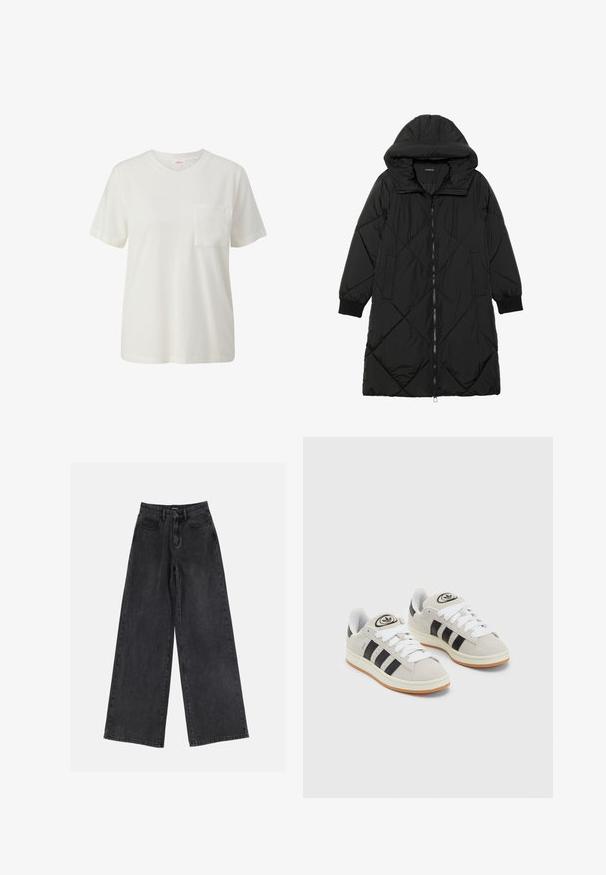 Manteau matelassé noir avec capuche, doté d'une fermeture éclair, de poches latérales et de poignets élastiques. Tissu lisse et résistant à l'eau.; Pull noir raccourci avec un col montant, présentant un motif texturé à côtes et de longues manches bouffantes.; T-shirt en coton blanc avec un col rond, des manches courtes et une poche poitrine unique, au toucher lisse et au design simple.; Jean en denim noir à jambes larges avec taille haute, design classique à cinq poches et décoloration subtile. Tissu résistant avec une texture douce.; Baskets en suède gris avec des lacets blancs, des rayures noires et une semelle en caoutchouc blanc. Présentent un logo circulaire sur la languette et une semelle en gomme.