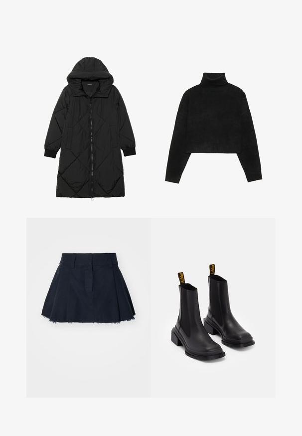 Čierna prešívaná páperová bunda s kapucňou, so zipsom, bočnými vreckami a elastickými manžetami. Hladká, vodeodolná tkanina.; Čierny skrátený sveter s rebrovaným rolákom a manžetami, s hladkou textúrou a voľným strihom. Jednoduchý, minimalistický dizajn.; Námornícky modrá bavlnená sukňa s rozšíreným strihom, ktorý má záhyby, honosný lem a pás s pútkami na opasok.; Čierne členkové topánky vyrobené z hladkej kože s elastickými bočnými panelmi, štvorcovou špičkou a masívnym podpätkom. Majú žlté značkové úchyty na ťahanie.