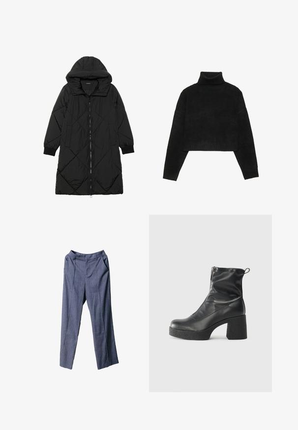 Fekete steppelt pufi kabát kapucnival, cipzáras záródással, oldalsó zsebekkel és elasztikus mandzsettákkal. Simább, vízlepergető anyag.; Fekete, rövidített pulóver ribbelt nyakkal és mandzsettákkal, sima textúrával és laza szabással. Egyszerű, minimalista dizájn.; Sötétkék csíkos nadrágok laza fazonnal, rugalmas derékkal, oldalsó zsebekkel és sima, könnyű anyagból.; Fekete bokacsizmák sima bőrből, oldalsó cipzárral, vastag, texturált sarkú és lekerekített orrú dizájnnal.
