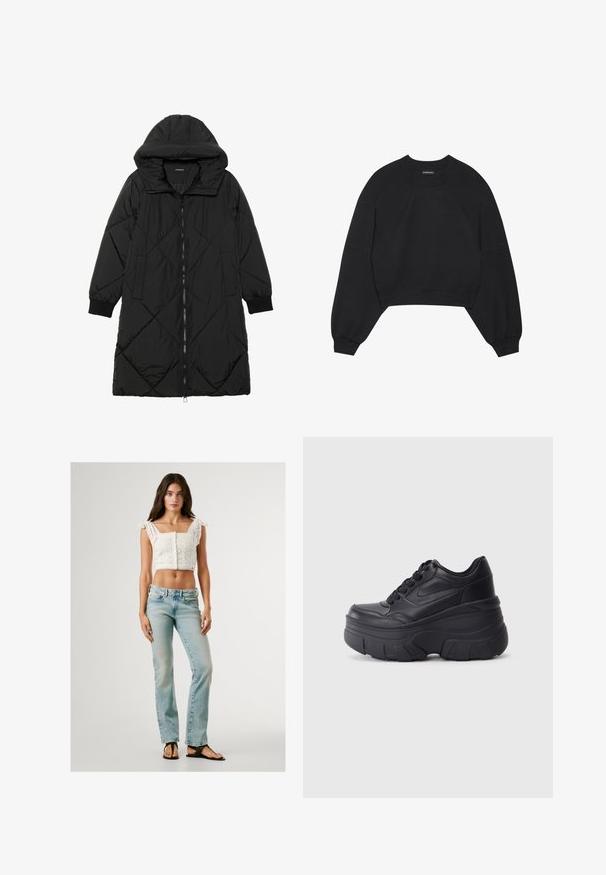 Abrigo acolchado negro con capucha, que cuenta con cierre de cremallera, bolsillos laterales y puños elásticos. Fabricado con un tejido liso y resistente al agua.; Sudadera corta negra hecha de tejido suave, con mangas largas tipo raglán, cuello redondo y puños elásticos. Sin patrones o detalles destacados.; Top corto blanco con diseño de ojales y dobladillo festoneado, combinado con jeans rectos azul claro y chanclas negras.; Zapatillas negras con cordones y suela gruesa, con parte superior de cuero suave, punta redondeada y un diseño de plataforma en capas distintivo.