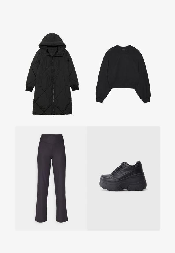 Sort quiltet pufferjakke med hætte, med lynlåslukning, sidelommer og elastiske manchetter. Glat, vandafvisende stof.; Sort cropped sweatshirt lavet af blødt stof, med lange raglanærmer, en rund hals og elastiske manchetter. Ingen bemærkelsesværdige mønstre eller metaldele.; Sorte ribbede bukser med vidde og høj elastisk talje, der har en glat overflade og rene sømme for et tætsiddende udseende.; Sorte snørebåndssneakers med en kraftig sål, der har en glat læderoverdel, rund tå og et markant lagdelt plade-design.