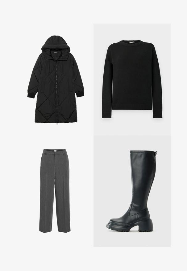 Zwarte gewatteerde pufferjas met een capuchon, voorzien van een ritssluiting, zijzakken en elastische manchetten. Glad, waterafstotend materiaal.; Zwarte longsleeve trui met ronde hals en geribde manchetten en zoom, weergegeven op een effen lichtgrijze achtergrond.; Grijze op maat gemaakte broek met een recht gesneden ontwerp, platte voorkant en subtiele textuur. Voorzien van een tailleband met riemlussen en geen zichtbare zakken.; Hoge zwarte leren laars met een chunky plateauzool en blokhak, voorzien van een trekband en een gestructureerd profiel op de buitenzool.