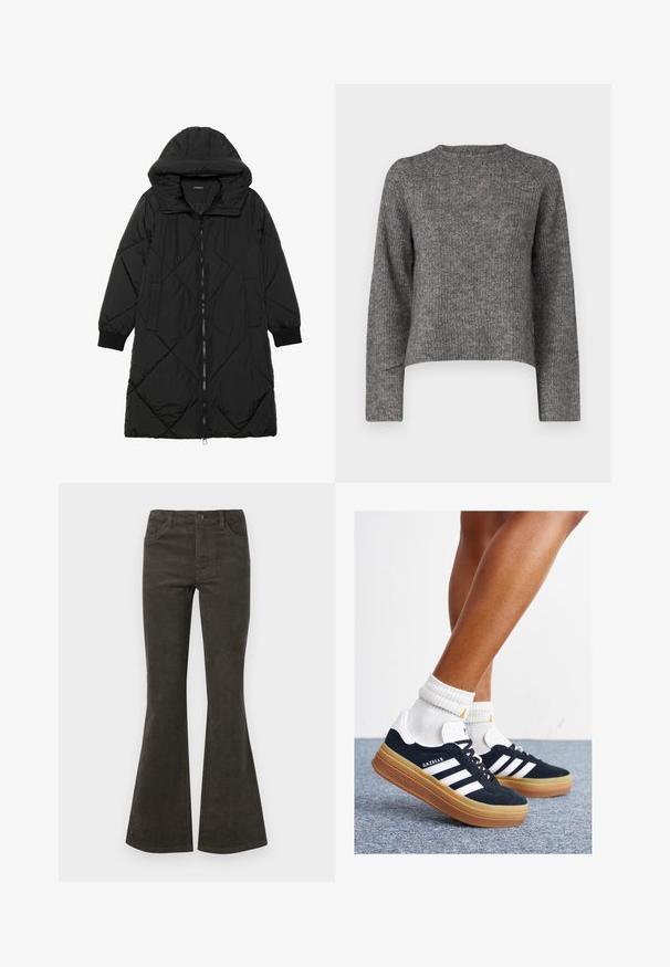 Must-havesinise mustris quiltitudis puffer jakk, millel on kapuuts, tõmblukk, küljetaskud ja elastsed varrukad. Sile, veekindel kangas.; Halli kootud sviiter pikkade varrukatega, ümmarguse kaelusega ja vabalt istuva lõikega. Tekstuuritud kangas ja lühike pikkus. Lisadeta.; Tume oliivroheline flared-koolritel püksid, millel on nupp ja tõmblukk, viis sissekannet ning õrn sooniline tekstuur.; Mustad seemisnahast tossud valgete triipude ja detailidega, ümarate varbassosadega, kummist välistallaga, paaritatud valgete soonikuliste meessokkidega.