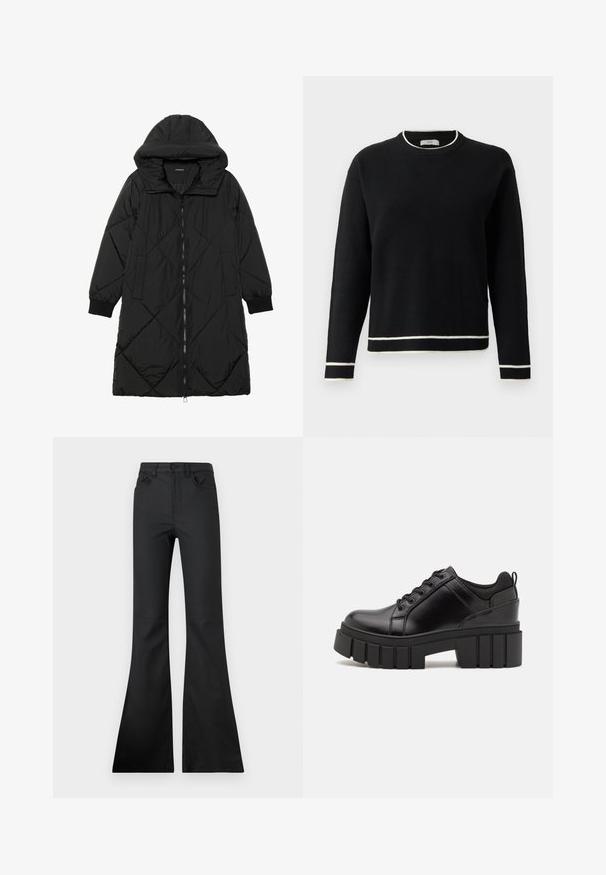 Crna tkanina sa štepom puffer kaput s kapuljačom, sa zatvaračem na zip, bočnim džepovima i elastičnim manžetama. Glatka, vodootporna tkanina.; Crna dukserica dugih rukava s okruglim izrezom, s bijelim rubom na ovratniku, manžetama i donjem dijelu, prikazana na jednostavnoj bijeloj pozadini.; Crne traperice s raširenim nogavicama i srednjim strukom, izrađene od glatkog materijala. Imaju pet džepova i vidljive detalje šivanja.; Crne kožne platforme s debelim blok-peta, okruglim prstima i klasičnim dizajnom vezanja. Imaju gladak tekstur i minimalne detalje.