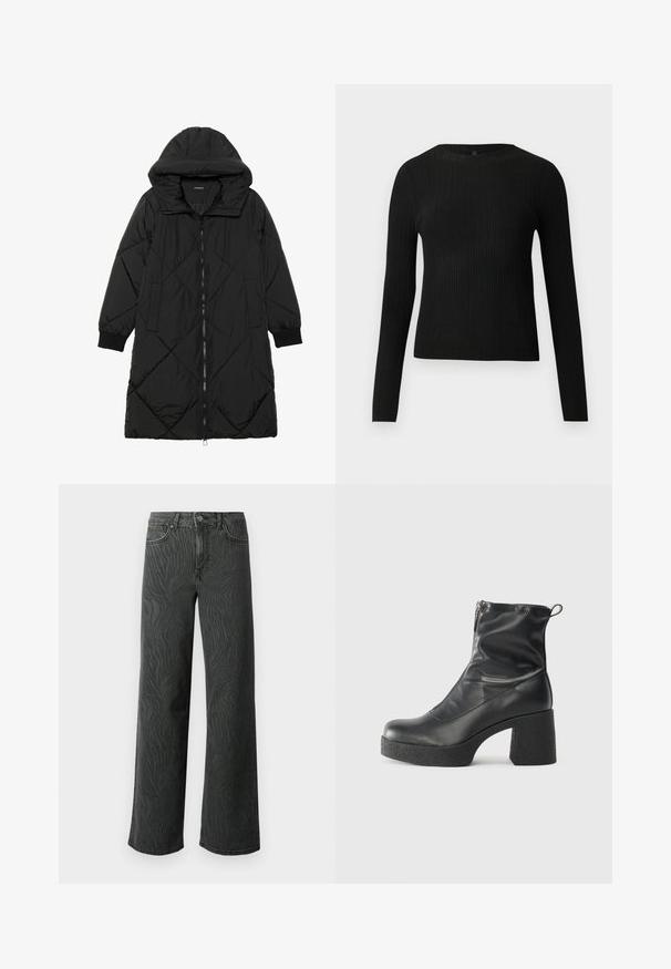Black quilted puffer coat with a hood, featuring a zip closure, side pockets, and elastic cuffs. Smooth, water-resistant fabric.; Black ribbed long-sleeve fitted sweater with a round neckline, displayed against a plain light background.; Wide-leg jeans in dark gray denim, featuring a subtle zebra-pattern texture, contrast stitching, and five-pocket design with a button fly.; Black ankle boots made of smooth leather, featuring a side zipper, chunky textured heel, and rounded toe design.