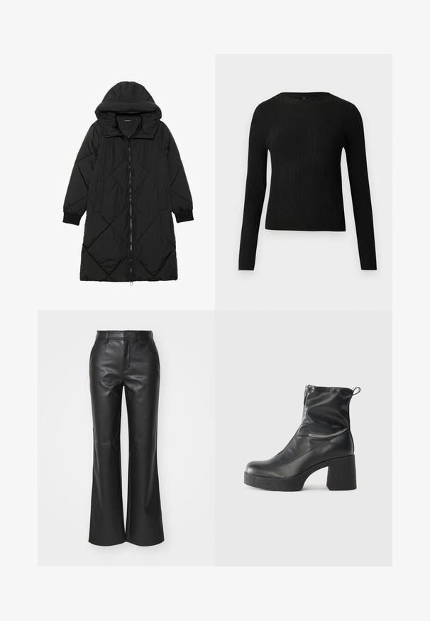 Crna tkanina sa štepom puffer kaput s kapuljačom, sa zatvaračem na zip, bočnim džepovima i elastičnim manžetama. Glatka, vodootporna tkanina.; Crni rebrasti dugouhasti pripijeni pulover s okruglim izrezom, prikazan na jednostavnoj svijetloj pozadini.; Crne kožne hlače s lepršavim krojem, glatke površine, s petljama za remen i bočnim džepovima; dizajnirane za moderan, krojeni izgled.; Crne gležnjače od glatke kože, s bočnim zatvaračem, debelim teksturiranim potplatom i dizajnom s zaobljenim prstima.
