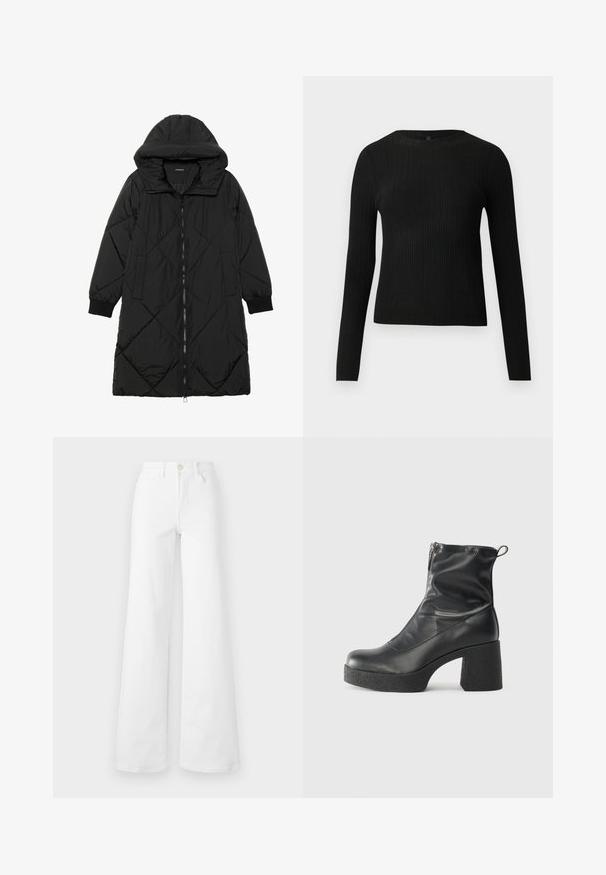 Melnas quiltētas pūkara mētelis ar kapuci, ar rāvējslēdzēja aizdari, sānu kabatām un elastīgām aprocēm. Gluda, ūdensizturīga auduma.; Melna, ribota, garām piedurknēm pieguļoša džemperis ar apaļu kakla izgriezumu, izlikta pret vienkāršu gaišu fonu.; Baltas platās kājas džinsi izgatavoti no denima auduma ar augstu jostasvietu, piedāvā priekšu kabatas, jostu cilpas un pogu aizdari. Gluda virsma, bez rakstiem.; Melni potītes zābaki, kas izgatavoti no gludas ādas, ar sānu rāvējslēdzēju, masīvu strukturētu papēdi un noapaļotu purngalu.