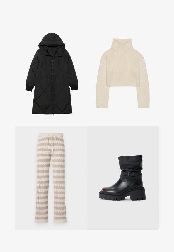 Fekete steppelt pufi kabát kapucnival, cipzáras záródással, oldalsó zsebekkel és elasztikus mandzsettákkal. Simább, vízlepergető anyag.; Tejkrémszínű, rövid fazonú pulóver magas nyakkivágással, struktúrált kötött testtel és halszálka mintázatú ujjal. Puha fonalból készült.; Beige és krémszínű függőleges csíkokkal díszített kötött otthoni nadrág, húzózsinórral ellátott derékrésszel és lyukacsos kötési struktúrával.; Fekete bőr bokacsizma laza felső résszel, csattal díszítve és vastag, strapabíró talppal. Kerek orrú és sima textúrájú.