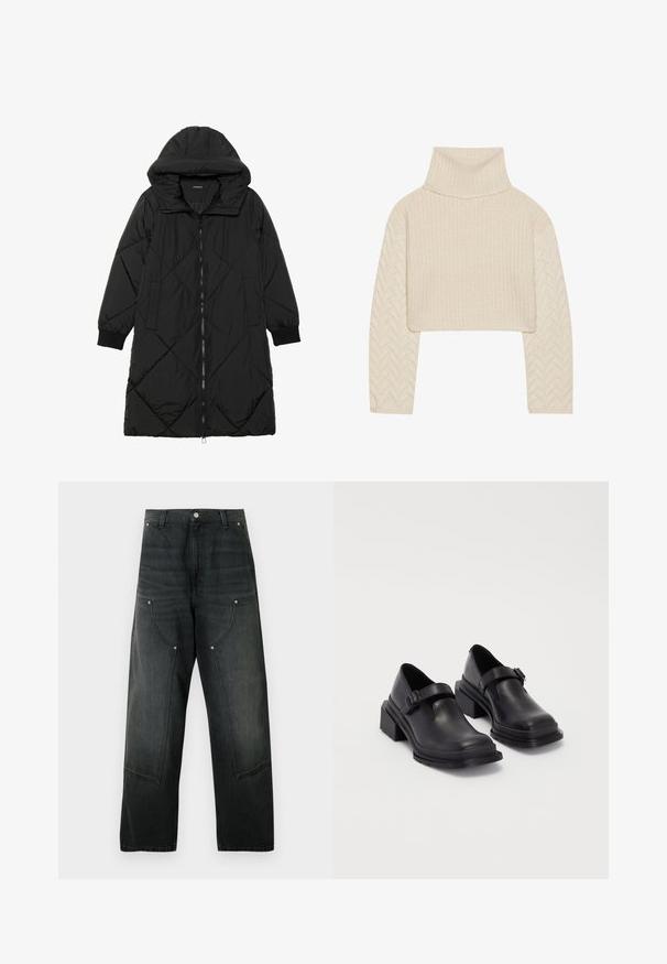 Črna prešita puffer jakna s kapuco, ki ima zadrgo, stranske žepe in elastične manšete. Gladek, vodoodporen material.; Kremno obarvan skrajšan pulover z visokim ovratnikom, teksturirano pleteno telo in rokavi z vzorcem ribje kosti. Narejen iz mehkega volnenega materiala.; Črne široke kavbojke iz jeansa z visokim pasom, zapenjanjem na gumbe, zankami za pas, velikimi sprednjimi žepki z zakovicami.; Črne usnjene čevlje z zaobljenim nosom, ravnim podplatom in trakcem z zaponko. Debel blokasti petnik za dodatno stabilnost.