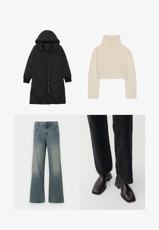 Svart quiltet puffjakke med hette, med glidelås, sidelommer og elastiske mansjetter. Glatt, vannavvisende stoff.; Kremfarget cropped genser med høy hals, teksturert strikket kropp og fiskebensmønstrede ermer. Laget av mykt garnmateriale.; Blå vide denimjeans med klassisk fem-lomme-design og knap-lynlås lukning, med falmede vaske detaljer på lår og knæ.; Brune lær ankle støvler med firkantet tå og blokkhæl, parret med sorte vide ben jeans. Glat struktur og minimalistisk design.