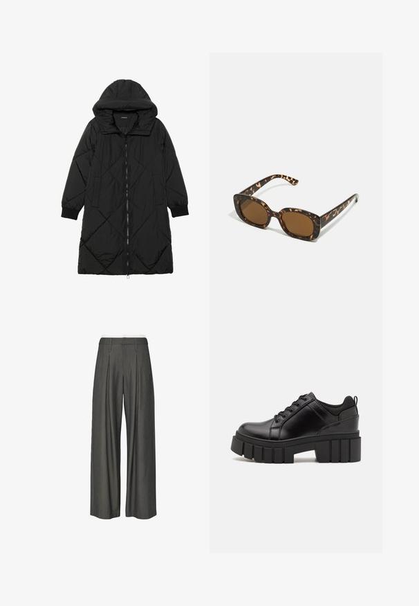 Zwarte gewatteerde pufferjas met een capuchon, voorzien van een ritssluiting, zijzakken en elastische manchetten. Glad, waterafstotend materiaal.; Crème-kleurig cropped trui met een hoge hals, een gebreide textuur en mouwen met een visgraatpatroon. Gemaakt van zacht garen.; Grijze gestreepte wijde broek met een geplooide voorkant, elastische tailleband en een gladde textuur, ontworpen voor een ontspannen pasvorm.; Zwarte leren platform schoenen met een stevige blokhak, ronde neus en een traditionele vetersluiting. Kenmerkt zich door een gladde textuur en minimale details.; Tortoiseshell zonnebril met een ronde, stevige montuur en bruine lenzen. Heeft subtiele patronen en rechte, taps toelopende veren.