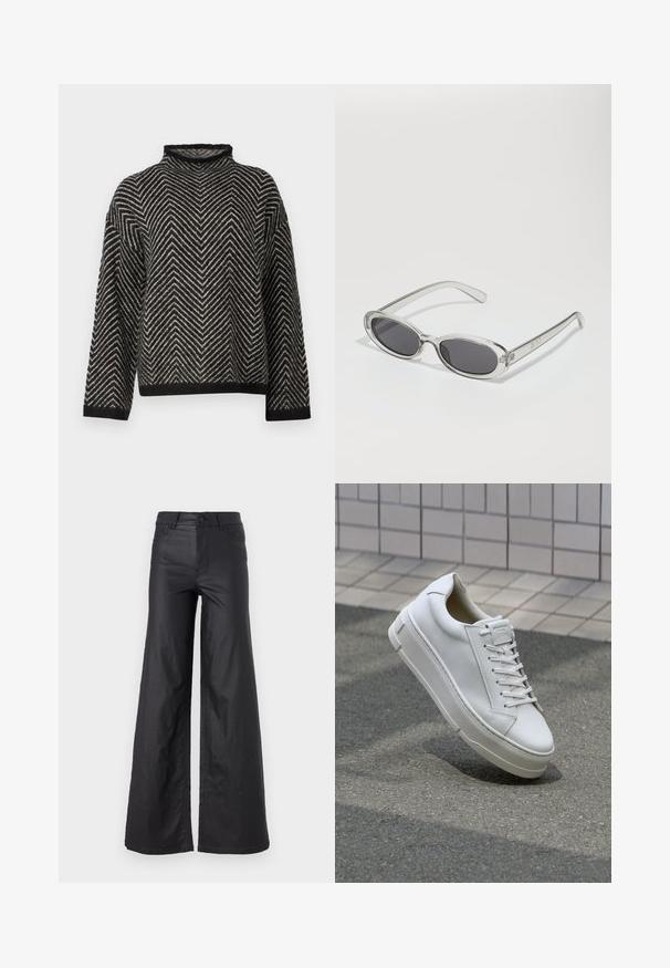 Geacă puffer neagră, matlasată, cu glugă, având închidere cu fermoar, buzunare laterale și manșete elastice. Material neted, rezistent la apă.; Selected Femme SLFLULU HERRINGBONE HIGH NECK - Pulover - black/birch; Pantaloni negri, cu picioare largi, dintr-un material de piele ecologică. Prezentază talie înaltă, bucle pentru curea, două buzunare frontale și detalii cusute.; Adidași din piele albă cu un design low-top, șireturi plate, vârf rotund și laturi texturate. Talpă groasă din cauciuc cu accente subtile.; Ochelari de soare cu formă ovală, ramă din plastic transparent, lentile gri închis și brațe subțiri transparente cu accente de logo și detalii minime.