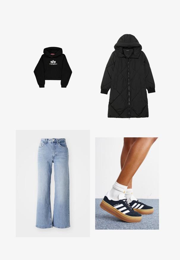 Black quilted puffer coat with a hood, featuring a zip closure, side pockets, and elastic cuffs. Smooth, water-resistant fabric.; Black cropped hoodie made of soft fabric. Features a front pocket, ribbed cuffs, and a white logo print with stripes on the chest.; Light blue high-waist wide-leg jeans with front and back pockets, button closure, and subtle fading on the thighs and hems.; Black suede sneakers with white stripes and accents, rounded toe, gum rubber outsole, paired with white ribbed crew socks.