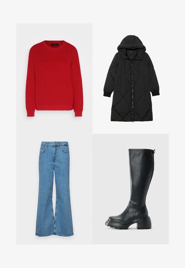 Schwarze, gesteppten Puffermantel mit Kapuze, ausgestattet mit einem Reißverschluss, seitlichen Taschen und elastischen Bündchen. Glattes, wasserabweisendes Material.; Roter Strickpullover mit einem Rundhalsausschnitt, gerippter Textur und leicht überschnittenen Ärmeln. Verfügt über einen geraden Saum und strapazierfähigen Stoff.; Helle blaue Schlagjeans aus Denim, mit hoher Taille, fünf Taschen und einem einzelnen Knopfverschluss. Weiche Textur mit ausgeblichener Optik.; Hoher schwarzer Lederstiefel mit einer robusten Plateausohle und Blockabsatz, der über eine Zuglasche und ein strukturiertes Profil an der Außensohle verfügt.