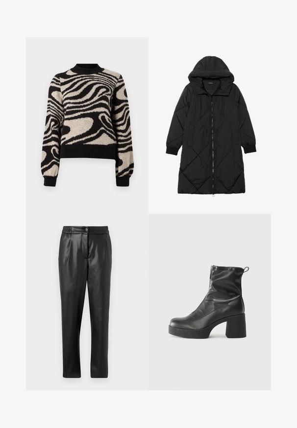 Black quilted puffer coat with a hood, featuring a zip closure, side pockets, and elastic cuffs. Smooth, water-resistant fabric.; ONLY ONLCECE  - Jumper - black/pumice stone; Black leather pants with a smooth texture, straight fit, elastic waistband, and a front button closure; pleated detailing and tapered legs.; Black ankle boots made of smooth leather, featuring a side zipper, chunky textured heel, and rounded toe design.