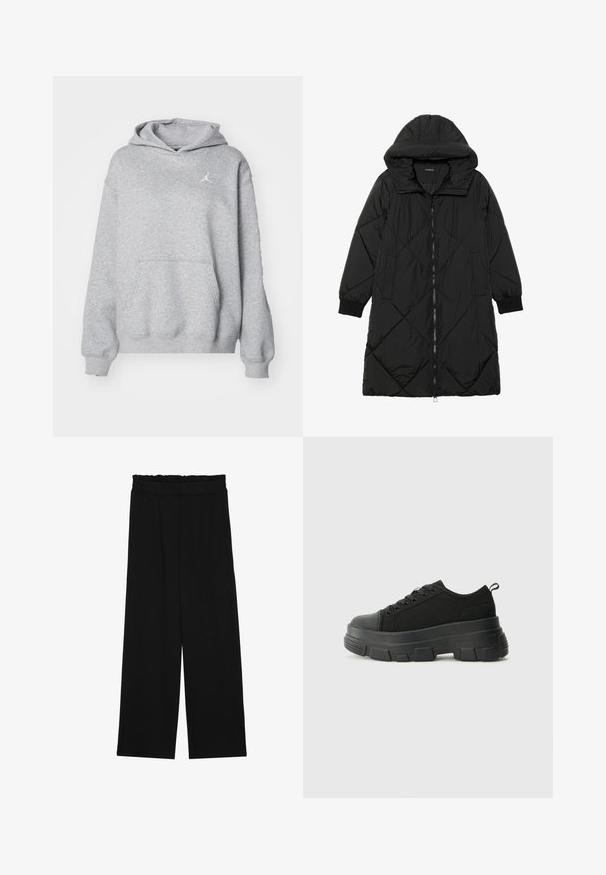 Svart quiltet puffjakke med hette, med glidelås, sidelommer og elastiske mansjetter. Glatt, vannavvisende stoff.; Grå hettegenser laget av mykt stoff med kengurulomme, ribbede mansjetter og kant. Har en liten hvit Jordan-logo på brystet.; Svarte vide bukser med rynket liv, med to sidelommer og et glatt, lett stoff. Ingen synlige mønstre eller metalldeler.; Svarte sneakers med en kraftig gummisåle, teksturert stoffoverdel, rund tå og snøring. Har forsterkede snørehull og bakre trekkstang.