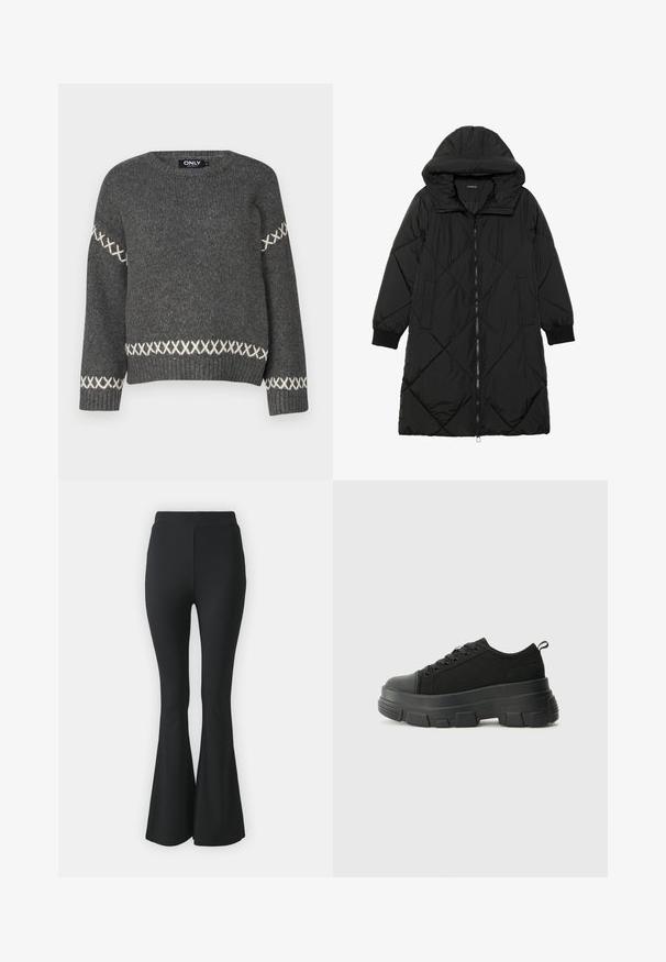 Zwarte gewatteerde pufferjas met een capuchon, voorzien van een ritssluiting, zijzakken en elastische manchetten. Glad, waterafstotend materiaal.; Donkergrijze gebreide trui met ronde hals, voorzien van witte kruissteekaccenten langs de mouwen en de zoom. Soepele textuur.; Zwarte flared broeken van rekbare stof. Heeft een hoge tailleband en een gladde, aansluitende pasvorm die vanaf de knie uitloopt.; Zwarte sneakers met een stevige rubberen zool, textiel bovenwerk, ronde neus en vetersluiting. Beschikt over versterkte oogjes en een trekstrip aan de achterkant.