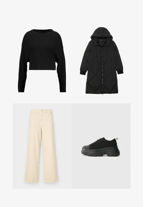 Black quilted puffer coat with a hood, featuring a zip closure, side pockets, and elastic cuffs. Smooth, water-resistant fabric.; Black cropped knit sweater with a loose fit, wide neckline, and long sleeves, featuring a textured ribbed pattern throughout.; Beige wide-leg jeans made of cotton. Features a button closure, belt loops, and front pockets with a smooth, soft texture.; Black sneakers with a chunky rubber sole, textured fabric upper, round toe, and lace-up design. Features reinforced eyelets and back pull tab.