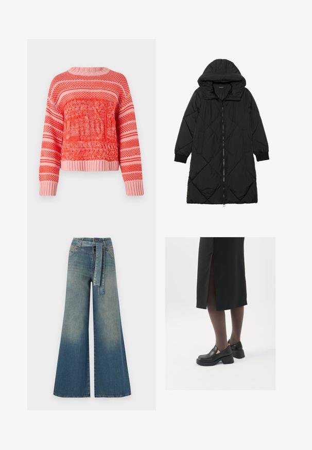 Schwarze, gesteppten Puffermantel mit Kapuze, ausgestattet mit einem Reißverschluss, seitlichen Taschen und elastischen Bündchen. Glattes, wasserabweisendes Material.; Rot und rosa gestrickter Pullover mit strukturierten Mustern, horizontalen Streifen, einem runden Halsausschnitt sowie gerippten Bündchen und Saum.; Weit geschnittene Denim-Hosen mit einem Farbverlauf von hellblau zu dunkelblau, hoher Taille, Gürtelschlaufen und einem passenden Stoffgürtel. Strukturierte Denim-Oberfläche.; Schwarze Lederschuhe mit abgerundetem Zeh, dicker Blockabsatz und elastischen seitlichen Akzenten, kombiniert mit dunklen Strumpfhosen und einem schwarzen Rock mit Schlitz.