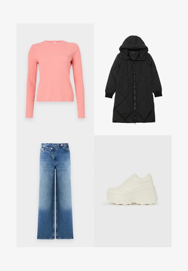 Must-havesinise mustris quiltitudis puffer jakk, millel on kapuuts, tõmblukk, küljetaskud ja elastsed varrukad. Sile, veekindel kangas.; Pikad varrukad, ribakudumistega pehme korallivärvi topp. Omab ümardatud kaelust ja kohandatud siluetti, sujuva tekstuuri ja minimalistliku disainiga.; Heledad sinised laiad püksid, millel on kulunud pesu, klassikalise viie taskuga disain ja metallnupukillad vööl.; Valged platvormi tõusukingad, millel on siledast nahast meenutav pealis, ümar kuju, pehmendatud kaelus ja tekstureeritud kummitald koos selgete hüdrofoobsete mustritega.