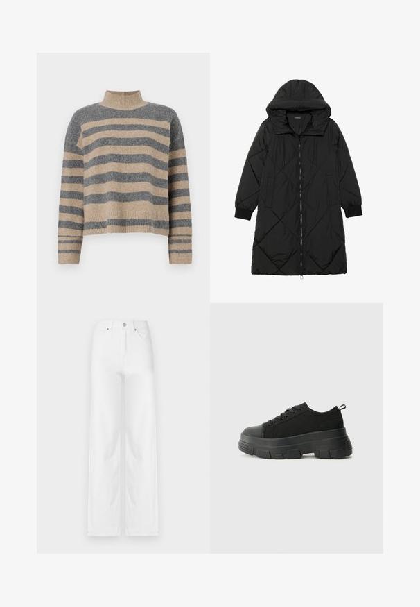 Geacă puffer neagră, matlasată, cu glugă, având închidere cu fermoar, buzunare laterale și manșete elastice. Material neted, rezistent la apă.; Pulover tricotat cu dungi, în culori gri și bej, guler înalt, mâneci late cu manșete și o croială lejeră cu un design scurt.; Jeans albe cu croi larg din denim, cu închidere frontală cu buton, bucle pentru curea și patru buzunare, având o textură curată și netedă.; Adidași negri cu talpă groasă din cauciuc, superior din material texturat, bot rotund și design cu șireturi. Include gauri întărite pentru șireturi și o buclă pe spate.