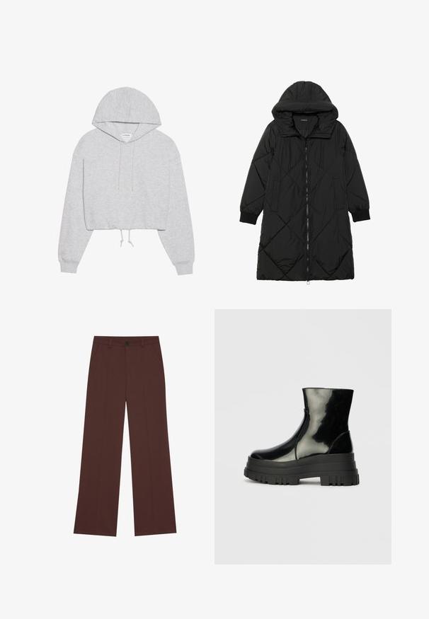 Juodas siūtais pūkų paltas su gobtuvu, turintis užtrauktuką, šonines kišenes ir elastines rankoves. Lygus, vandeniui atsparus audinys.; Pilkas trumpas gobtuvėlis, pagamintas iš minkštos medžiagos, su raišteliu reguliuojamu gobtuvu, ilgomis rankovėmis ir kokosėmis. Paprastas dizainas be raštų ar grafikos.; Platūs kelnės iš turtingos rudos medžiagos. Savybėse yra mygtukų uždarymas, dvi priekinės kišenės, lygi tekstūra ir švarios linijos.; Juodas blizgus kulkšninis botas su storu iškilniu padu ir apvaliu pirštu, šoninis vaizdas ant vientiso šviesiai pilko fono.
