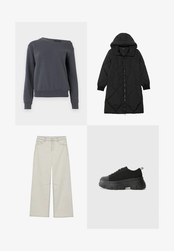 Casaco puffer acolchoado preto com capuz, apresentando um fecho de correr, bolsos laterais e punhos elásticos. Tecido suave e à prova d'água.; Sweatshirt cinza feito de tecido suave, com gola redonda, mangas longas e uma barra ligeiramente encurtada com punhos e faixa da cintura canelados.; Calças largas de um cinza claro com cinco bolsos, fecho frontal com botão e costuras em contraste ao longo das emendas. O tecido parece suave e durável.; Sneakers pretos com sola de borracha robusta, parte superior de tecido texturizado, bico redondo e design de atacadores. Apresenta ilhós reforçados e uma alça na parte posterior.