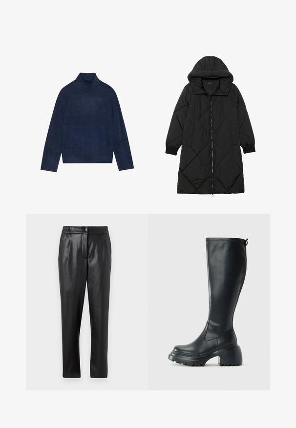 Črna prešita puffer jakna s kapuco, ki ima zadrgo, stranske žepe in elastične manšete. Gladek, vodoodporen material.; Mornarsko modra pulover s turtleneck ovratnikom, ki ima rebrasto detajliranje na ovratniku in manšetah, izdelan iz mehkega, teksturiranega pletenega materiala z sproščenim krojem.; Črne usnjene hlače z gladko teksturo, ravnim krojem, elastičnim pasom in sprednjim gumbom; nagubani detajli in zoženi nogi.; Visoka črna usnjena škornja s debelim podplatnim solejem in blok peto, opremljena s potegom in strukturiranim profilom na podplatu.