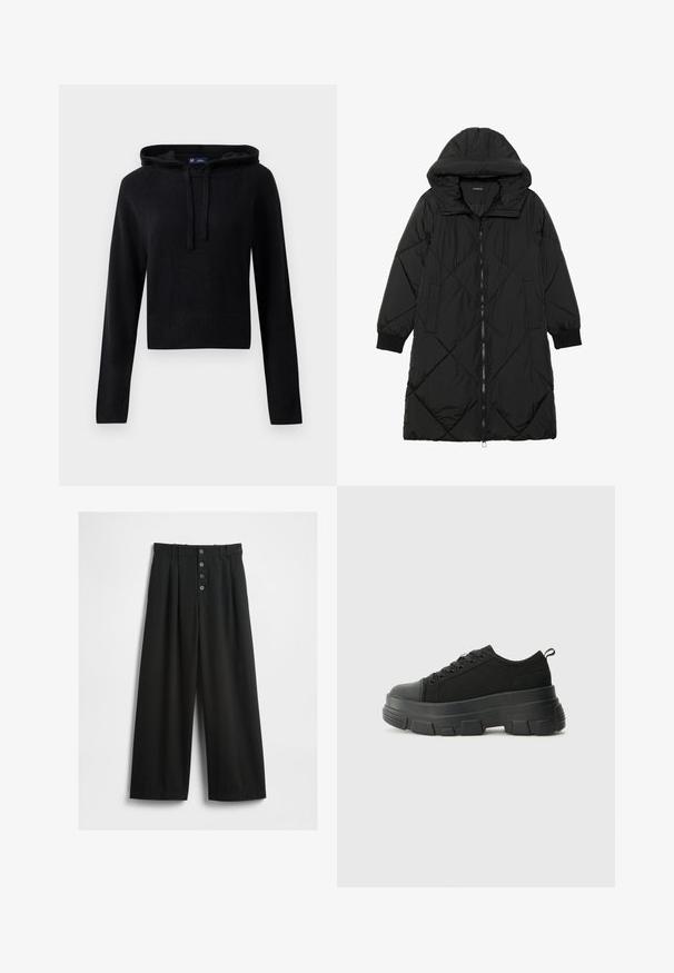 Black quilted puffer coat with a hood, featuring a zip closure, side pockets, and elastic cuffs. Smooth, water-resistant fabric.; Black long-sleeve knit hoodie with drawstrings, ribbed cuffs, and hem, cropped fit, displayed on a white background.; Wide-leg black trousers made of a textured fabric. Features a high waist, five-button front closure, and pressed pleats for added detail.; Black sneakers with a chunky rubber sole, textured fabric upper, round toe, and lace-up design. Features reinforced eyelets and back pull tab.