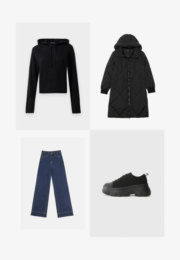 Svart quiltet puffjakke med hette, med glidelås, sidelommer og elastiske mansjetter. Glatt, vannavvisende stoff.; Svart langermet strikket hettegenser med snorer, ribbestrikkede mansjetter og fald, cropped passform, vist på hvit bakgrunn.; Videbenede dressbukser i mørkeblå denim. Har fem lommer, beltestropper og en rå kant i bunden med synlige stikninger.; Svarte sneakers med en kraftig gummisåle, teksturert stoffoverdel, rund tå og snøring. Har forsterkede snørehull og bakre trekkstang.