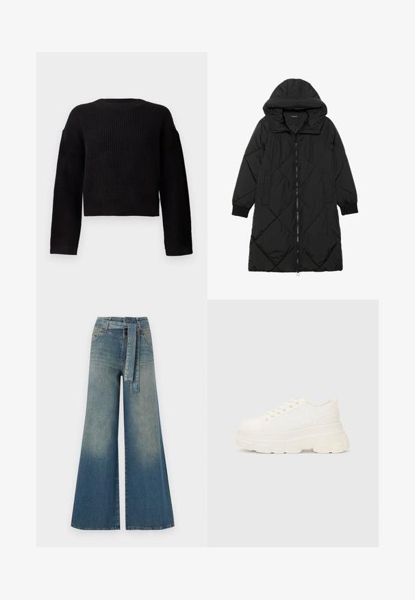 Geacă puffer neagră, matlasată, cu glugă, având închidere cu fermoar, buzunare laterale și manșete elastice. Material neted, rezistent la apă.; Pulover negru din tricot cu guler rotund, mâneci lungi și un design scurt. Material texturat cu manșete și tiv ribbate.; Pantaloni din denim largi, cu un gradient de la albastru deschis la albastru închis, talie înaltă, bucle pentru curea și o curea din același material. Finisaj texturat din denim.; Tenisi albi din pânză cu o talpă groasă, vârf rotund și cinci gauri pentru șireturi. Tab pentru ușurința la încălțare. Textură netedă, design minimalist.