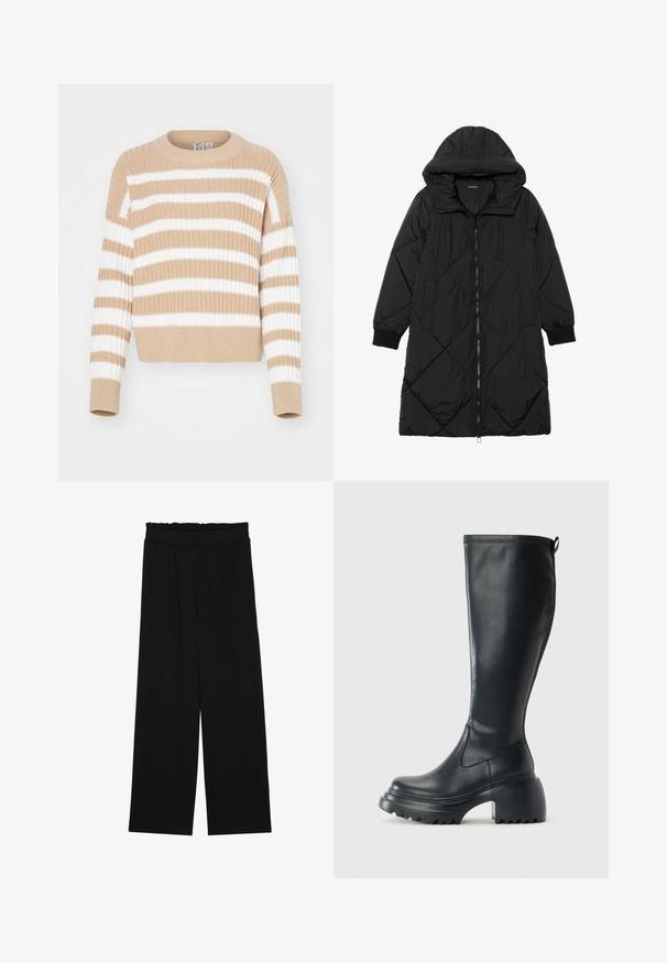 Schwarze, gesteppten Puffermantel mit Kapuze, ausgestattet mit einem Reißverschluss, seitlichen Taschen und elastischen Bündchen. Glattes, wasserabweisendes Material.; Beige und weiß gestreifter Strickpullover mit gerippter Textur, Rundhalsausschnitt und kurzen Ärmeln. Weiches Material, lockere Passform, lässiges Design.; Schwarze weit geschnittene Hose mit einem gerüschten Bund, ausgestattet mit zwei Seitentaschen und einem glatten, leichten Stoff. Keine sichtbaren Muster oder Beschläge.; Hoher schwarzer Lederstiefel mit einer robusten Plateausohle und Blockabsatz, der über eine Zuglasche und ein strukturiertes Profil an der Außensohle verfügt.