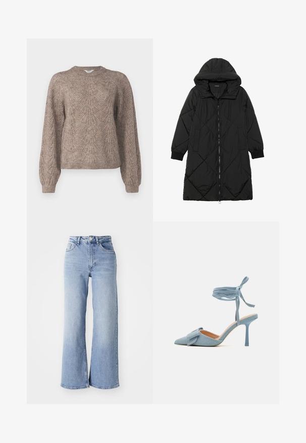Černá prošívaná péřová bunda s kapucí, vybavená zipovým zapínáním, bočními kapsami a elastickými manžetami. Hladká, voděodolná tkanina.; Svetr s dlouhým rukávem, lehký v béžovo-hnědé barvě. Má texturovaný vzor, kulatý výstřih a manžety a lem ve rib střihu.; Světle modré kalhoty s vysokým pasem a širokými nohavicemi, s předními a zadními kapsami, zapínáním na knoflík a jemným zesvětlením na stehnech a lemech.; Lodičky s špičatou špičkou v světle modré tkanině s texturovaným povrchem, s mašlí a kotníkovým páskem pro bezpečné uchycení.