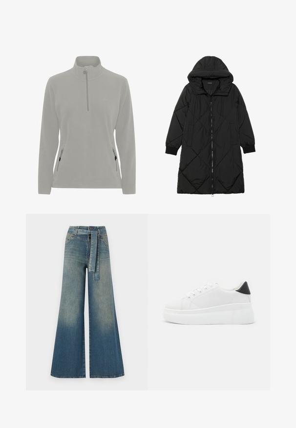 Must-havesinise mustris quiltitudis puffer jakk, millel on kapuuts, tõmblukk, küljetaskud ja elastsed varrukad. Sile, veekindel kangas.; Helehall fleece-sviiter kõrge kaelusega, pool-zip sulguri, küljetaskud tõmblukkudega ning sile tekstuur. Lihtne logo rinnal.; Laiad denimpüksid, millel on hele tume sinine gradiendiefekt, kõrge vöökoht, vöökumlid ja sobivast kangast vöö. Struktureeritud denimi viimistlus.; Valged platvormsneakerid, mis on valmistatud siledast sünteetilisest materjalist, ovaalse toe, paelkinnise disaini ja tekstuurse kummitaldiga. Must kontsrihm.