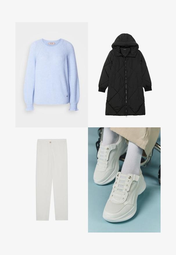 Fekete steppelt pufi kabát kapucnival, cipzáras záródással, oldalsó zsebekkel és elasztikus mandzsettákkal. Simább, vízlepergető anyag.; Világoskék kötött pulóver bordázott textúrával, kerek nyakkal és enyhén bővülő ujjal. Az alján egy kis logó díszíti.; Fehér, testreszabott nadrág egyenes szárú szabással, gombos záródással, övcsatolókkal és oldalsó zsebekkel; sima textúrájú anyag.; Fehér sportcipők, amelyek hálós anyagból készültek, gumitalpúak, fűző nélküli kialakítással, rugalmas pántokkal és arany színű kiegészítőkkel rendelkeznek.